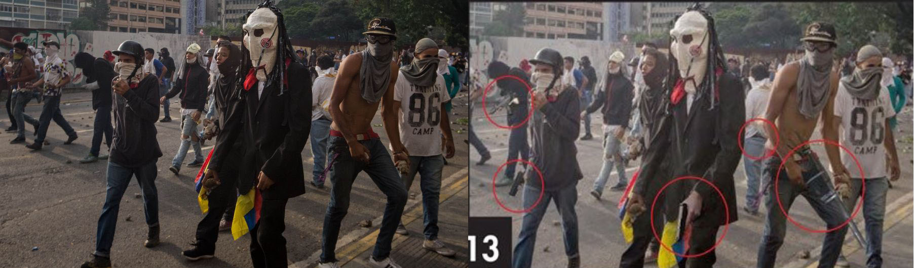 À esquerda, a imagem original (EFE/Miguel Gutiérrez); à direita, a foto manipulada, em que armas foram inseridas nas mãos dos manifestantes